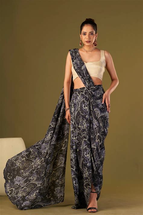 Tisya Black Paisley printed Pre Draped Saree – Affroz.com