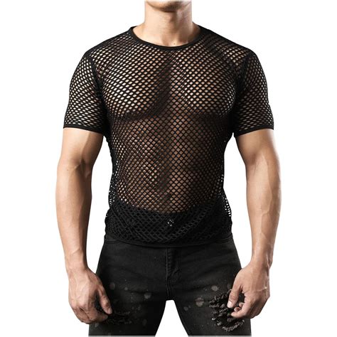 Dovford Mens Mesh Tops Cute Fishnet Semi Sheer Mesh T Shirt Crewneck ...
