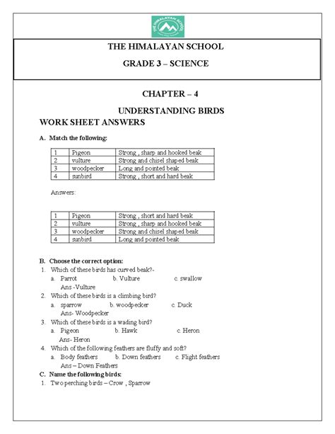 Chapter 4 Science answers - CHAPTER – 4 UNDERSTANDING BIRDS WORK SHEET ...