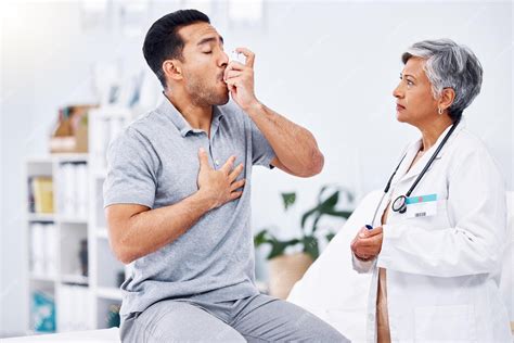 Premium Photo | Asthma inhaler patient and doctor with healthcare and medicine for lung disease ...
