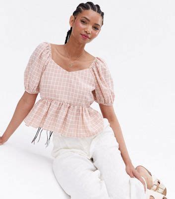 Orange Check Sweetheart Puff Sleeve Peplum Top | New Look