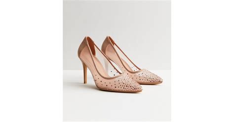 Pale Pink Mesh Embellished Stiletto Heel Court Shoes | New Look