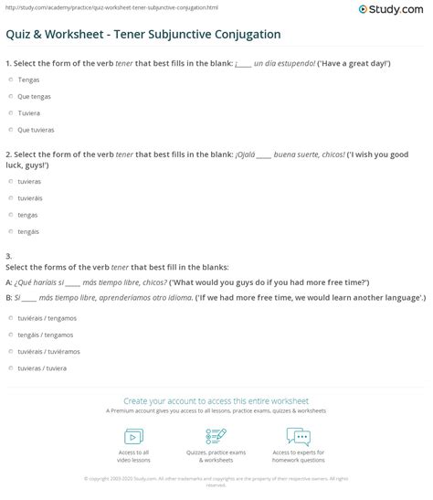 Quiz & Worksheet - Tener Subjunctive Conjugation | Study.com