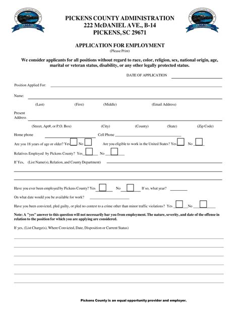 Fillable Online Fillable Online co pickens sc Application for ...
