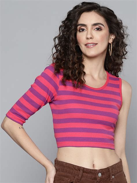Buy Women Fuchsia & Purple Rib One Side Sleeve Crop Top Online at Sassafras