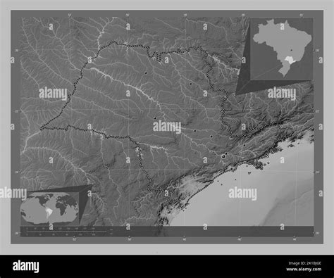 Sao Paulo, state of Brazil. Grayscale elevation map with lakes and rivers. Locations of major ...