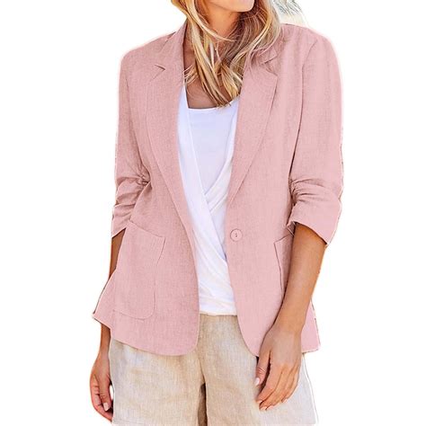 Women's Lightweight Linen Blazer Jacket Open Front 3/4 Sleeve Lapel ...