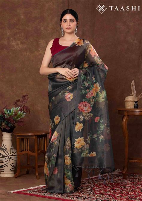 Shop Black Tissue Saree with Gold Digital Print PTIP37 – Taashi