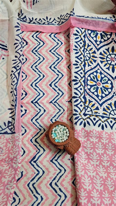 Pink'n'blue Baroda print cotton suit – Blocks & Threads