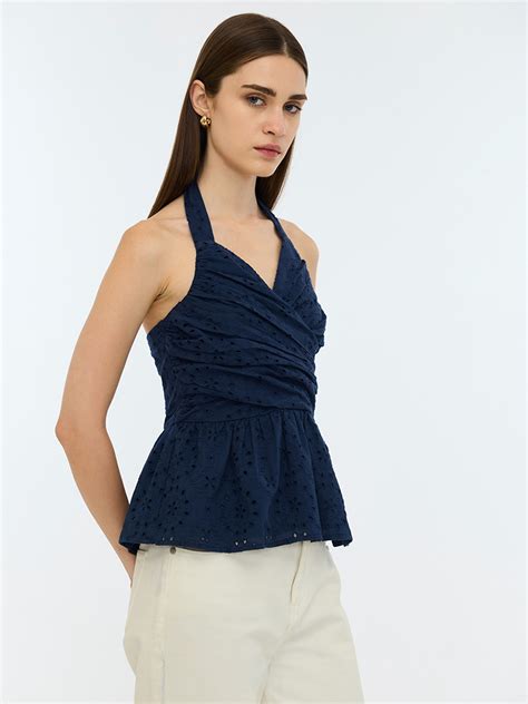 Blue Schiffli Halter Neck Top