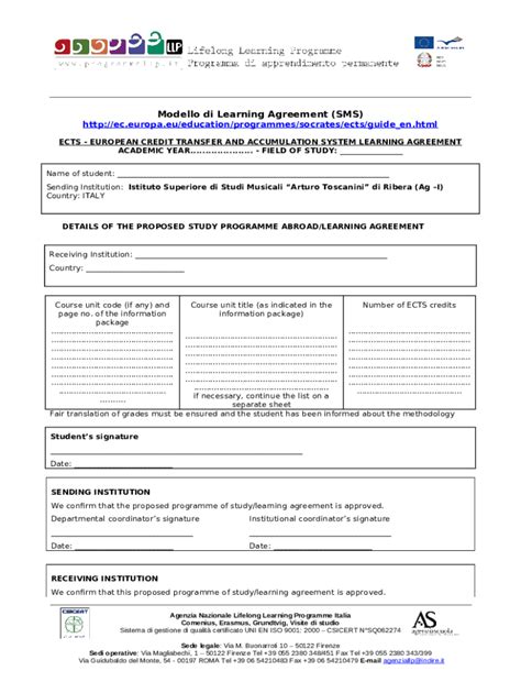 Modello di Learning Agreement (SMS) Doc Template | pdfFiller