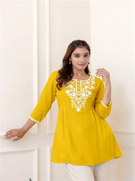 Rayon Hip Length Solid Straight 3/4 Sleeves Round Neck Solid Embroider ...