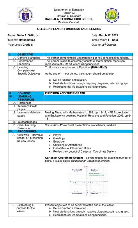 Final Lesson Plan on Functions and Relations - MATH 8 - 2nd Quarter ...