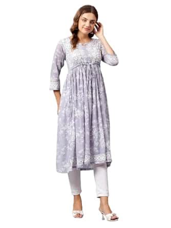 Buy Rifa Teen & Moms Floral Print Handmade Chikankari Anarkali Kurti ...