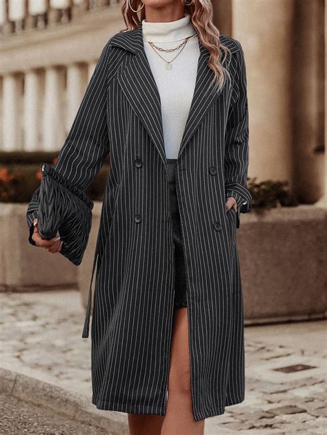 Striped Print Double Breasted Belted Trench Coat | Belted trench coat ...