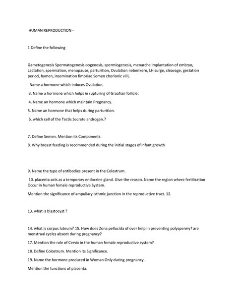 Human Reproduction - HUMAN REPRODUCTION - 1 Define the following ...