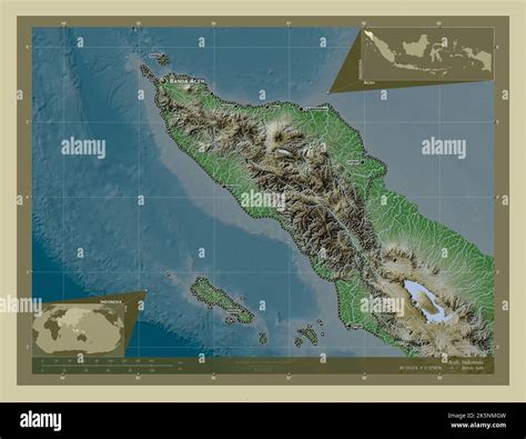 Aceh, autonomous province of Indonesia. Elevation map colored in wiki style with lakes and ...