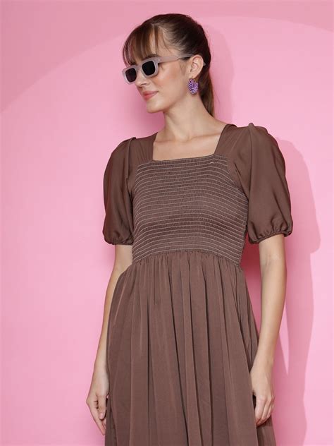 Brown Solid A-Line Midi dress by Wyshlist