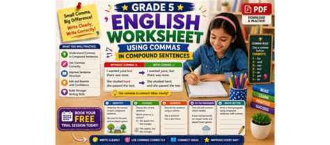 Grade 5 English Worksheet Using Commas in Compound Sentences