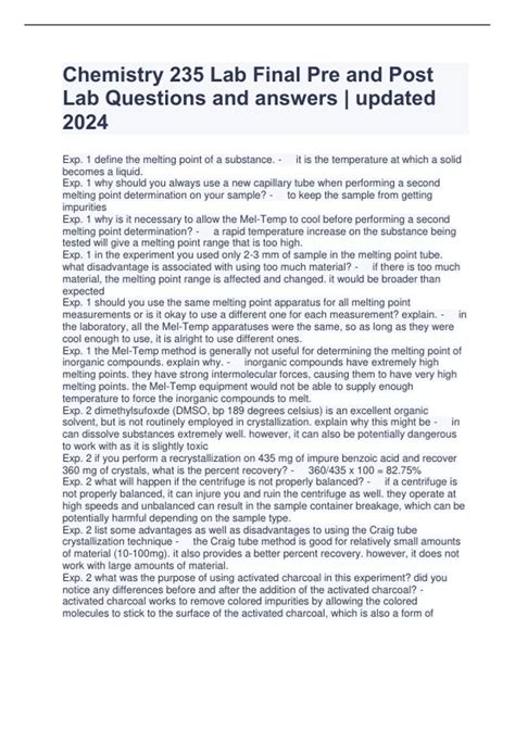 Chemistry 235 Lab Final Pre and Post Lab Questions and answers ...
