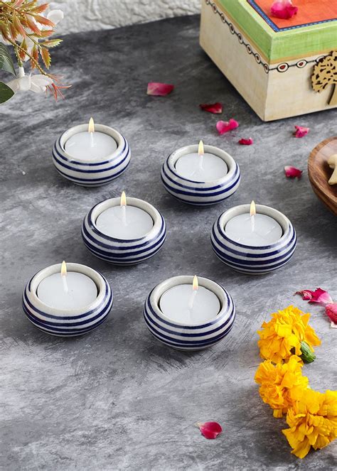 Get Hand-Made Blue Spiral Blue Ceramic Tea Light Holders/ Diyas Set Of ...