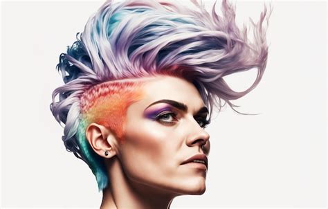 펑키 머리를 가진 현대적인 멀티 컬러 헤어스타일 모델 포즈를 가진 아름다운 여성 Generative Ai | 프리미엄 사진