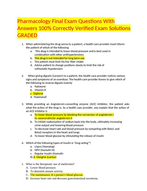 Pharmacology Final Exam Questions With Answers 100% Correctly Verified ...