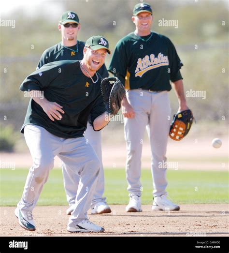 Oakland Athletics first baseman Dan Johnson fields a ground ball on the ...