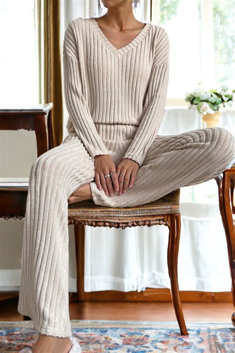 Ribbed Loungewear Set Two Pieces, Soft Sweatsuit, Knit Top and Pants ...