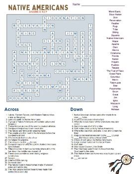 Native Americans Crossword Puzzle with Answer Key by Stokes' Scholars
