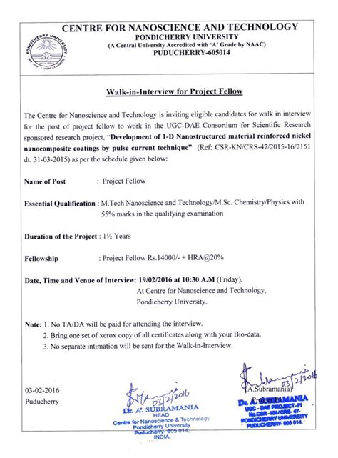 Walk-in-Interview for Project Fellow - Centre for Nanoscience ...