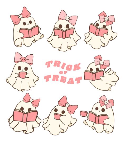 Premium Vector | Adorable pink halloween ghosts in a retro kawaii ...