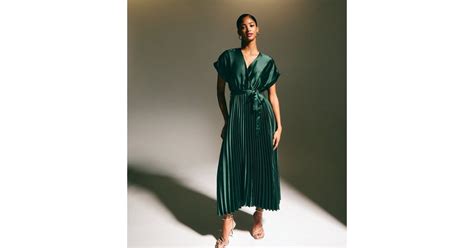 Dark Green Pleated Satin Midi Dress | New Look