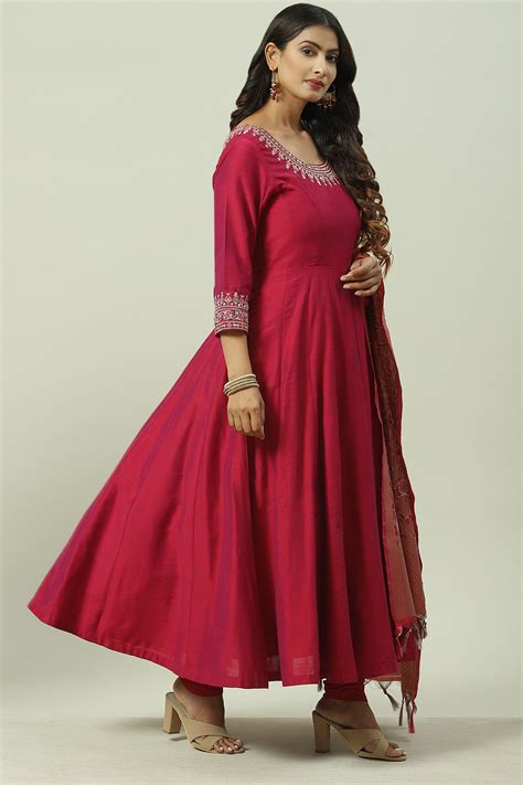 Magenta Poly Viscose Anarkali Kurta Churidar Suit Set at Biba India