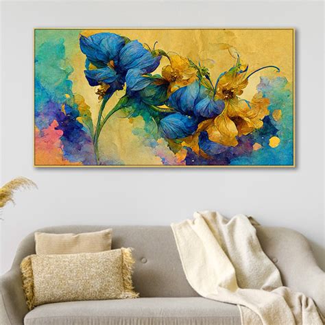 Blue Blooms on Golden Canvas Wall Painting – Nestroots