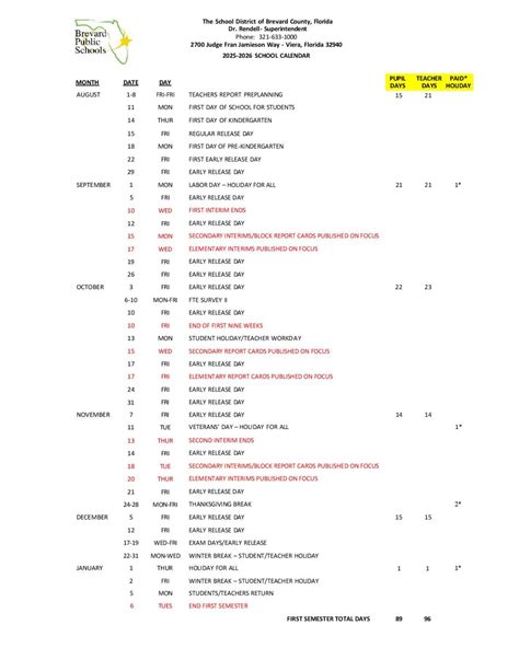 Brevard County Schools Calendar 2025-26 | Holiday Breaks