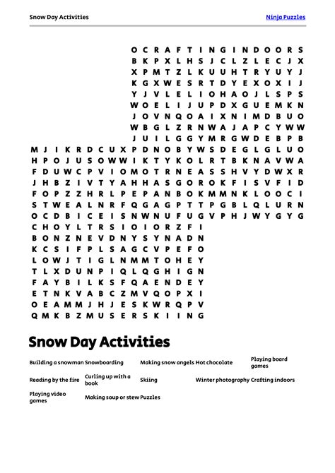 Free Printable Snow Day Activities themed Word Search Puzzle - Free ...