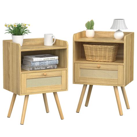 SUPERJARE Rattan Nightstands Set of 2, Boho End Table with Rattan ...