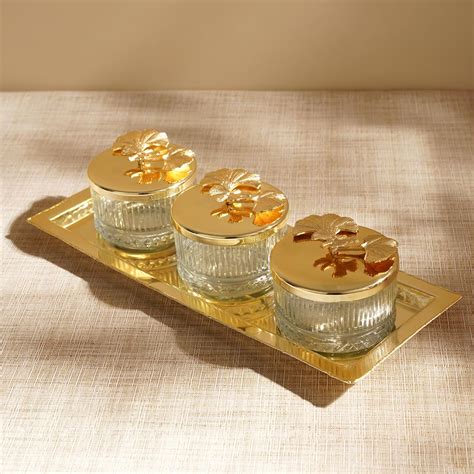 Pure Home + Living Ouro Gold Glass Jars (3) With Lid And Tray : Amazon ...