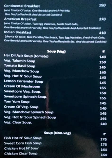 Menu at The Roof, Indore