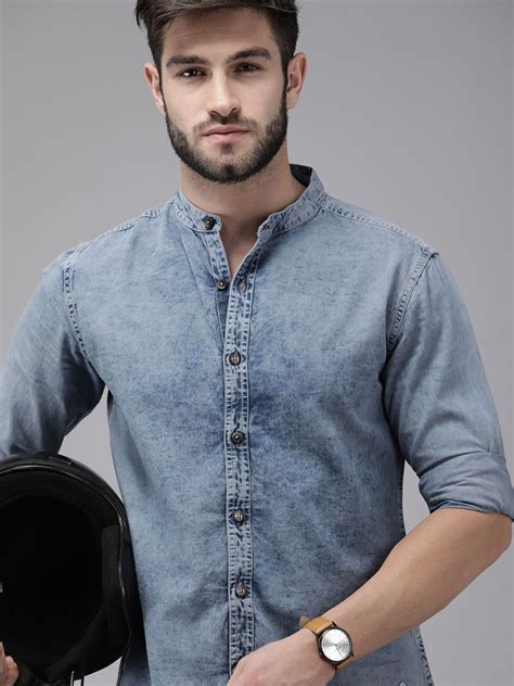 The Roadster Lifestyle Co Men Blue Solid Regular Fit Mandarin-Collar ...