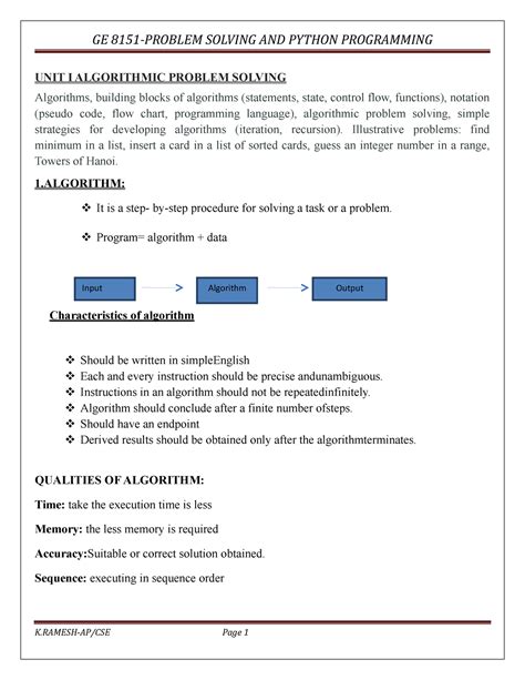 GE8151 - UNIT I ALGORITHMIC PROBLEM SOLVING Algorithms, building blocks ...