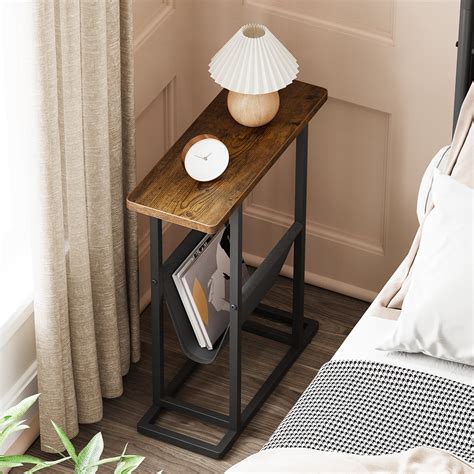 Narrow Side Table for Small Spaces, Slim Thin End Table with Storage Holder, Skinny Grey ...