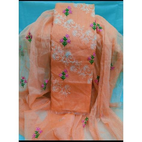 Kota Doria Orange Suit Material 2 Piece Embroidered (Only Top and ...