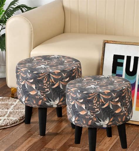 HOMEBUK Ottoman for Living Room Set of 2 Printed Stool Pouffes Pouf for ...