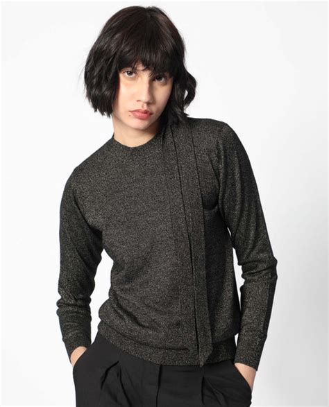 Rareism Women's Zener Black Acrylic High Neck Plain Regular Fit Sweate