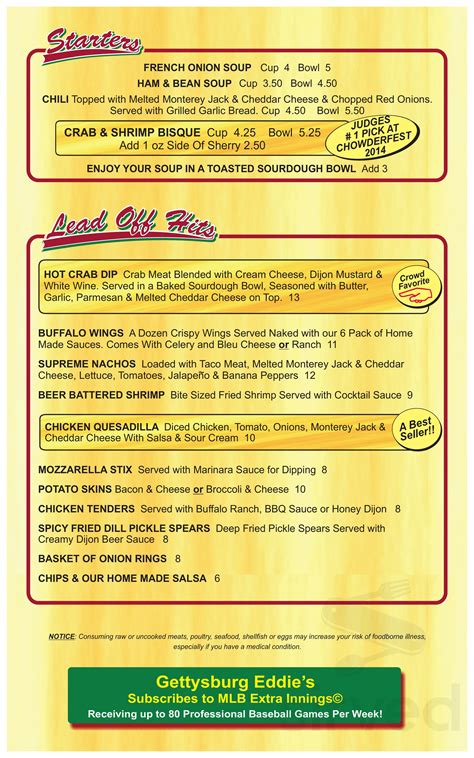 Gettysburg Eddie's menu in Gettysburg, Pennsylvania, USA