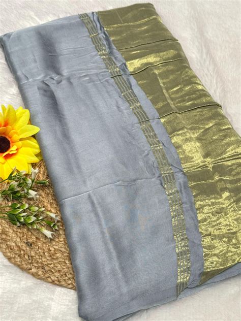 Gray Plain Pure Modal Gajji Silk Saree With Zari Pallu Natural dyeing ...
