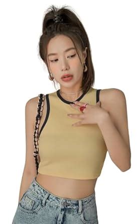 Istyle Can Women's Solid Korean Color Block Cotton Rib Knit Crop Tank ...