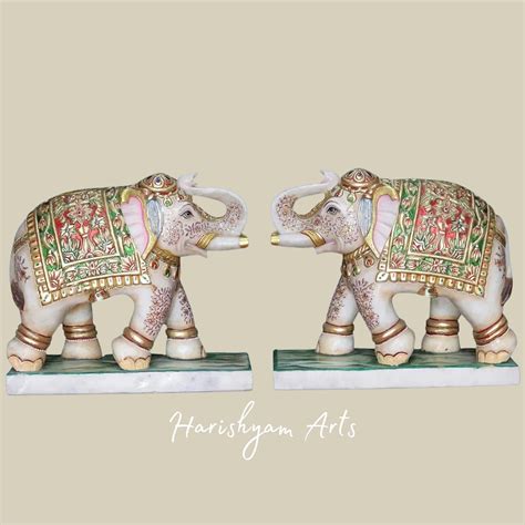24" Twin White Makrana Marble Elephants Handcrafted Decorative Statues